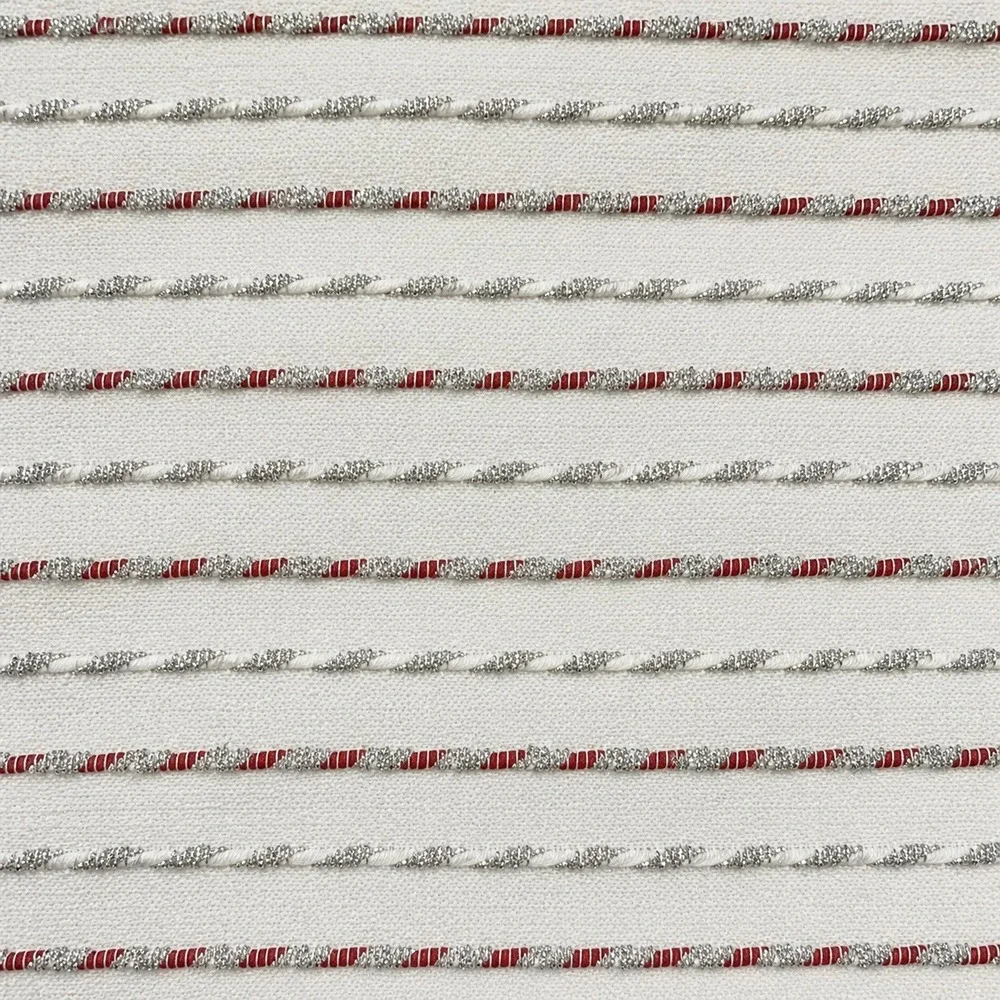 Christmas Runner Rug Ivory Red Silver Metallic Striped Woven Cotton Fringe Home